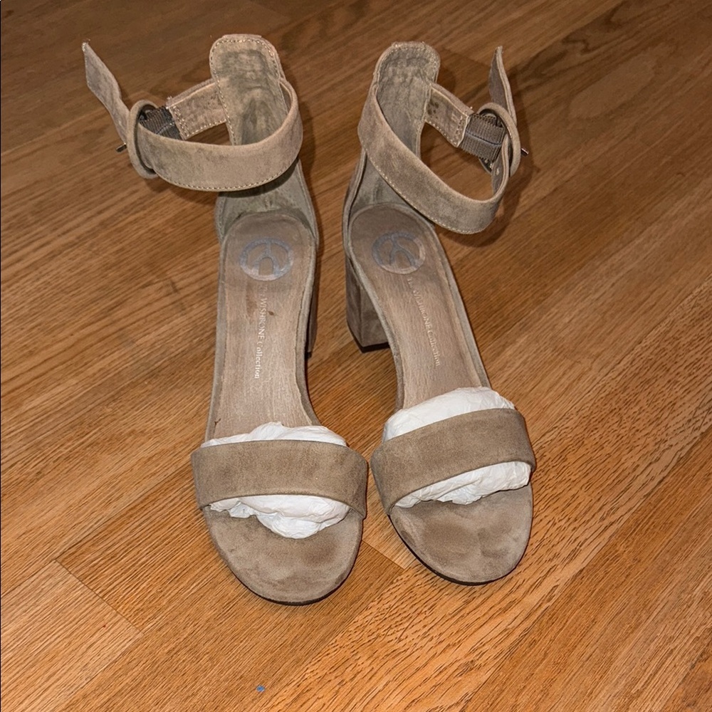 Tan Block Heel Sandals with Ankle Strap